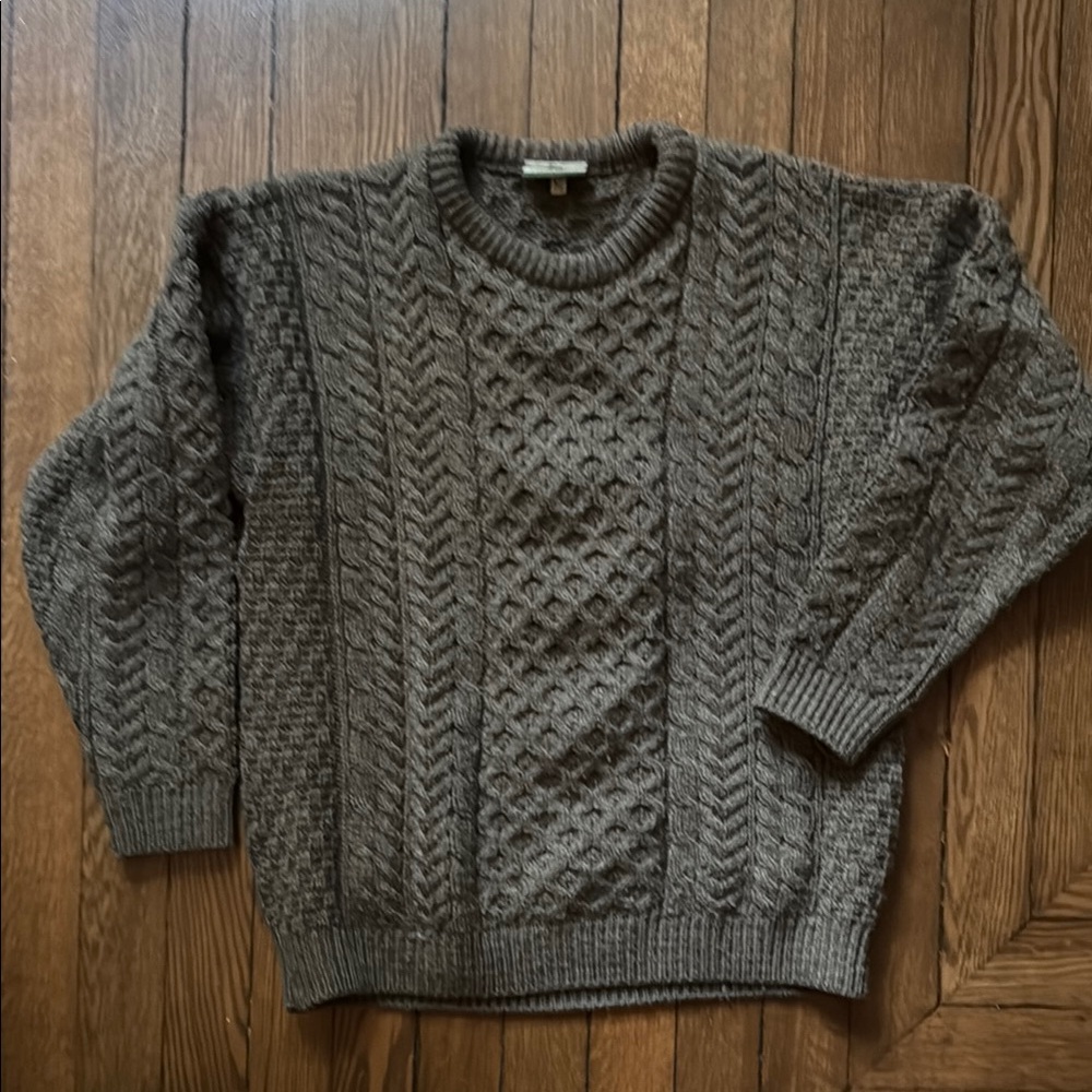 Irish Merino Aran Classic Tan / Gray Cable Knit Sweater Carraigdonn Irish made S